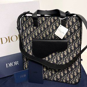 Christian Dior Saddle Tote Bag Beige and Black Dior Oblique Jacquard